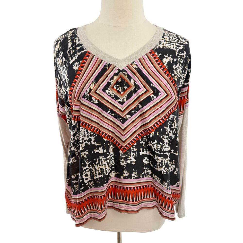 CAbi 100% Silk Contrast Aztec Print Boho Scarf Top, Size Large